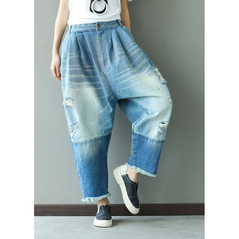 Women Denim Blue Elastic Waist Oversized Patchwork Cotton Harem Pants Ripped Jeans Spring