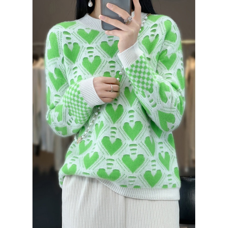 Women Green O Neck Patchwork Cashmere Knit Top Long Sleeve