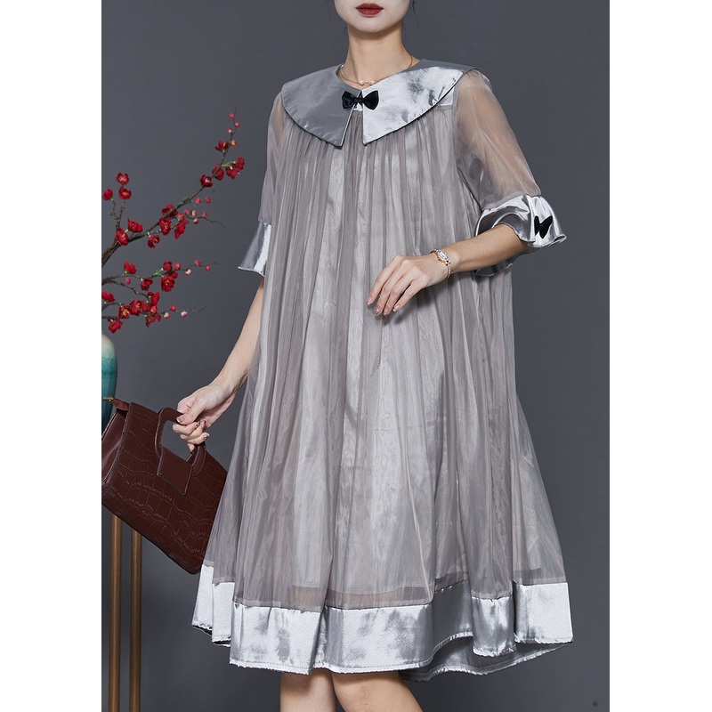 Women Grey Patchwork Bow Tulle Robe Dresses Summer