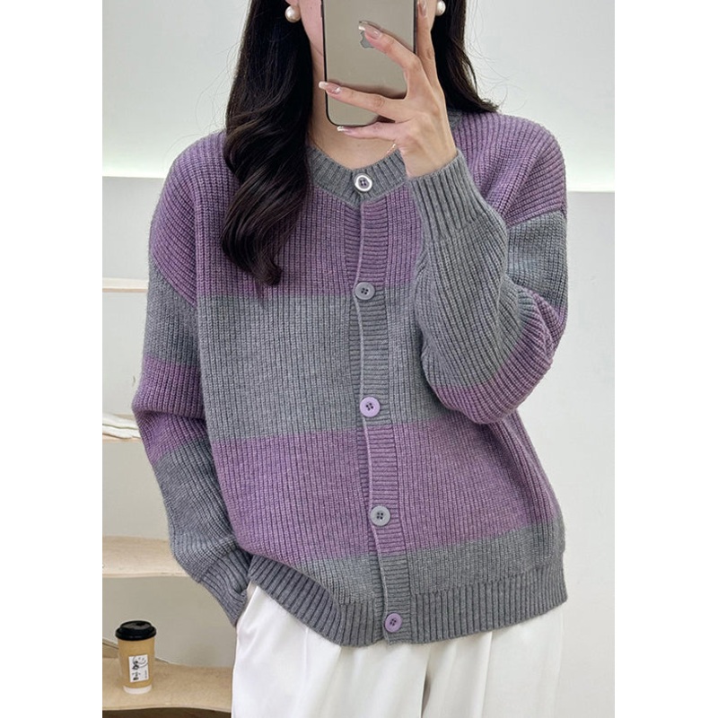 Women Grey Striped Button Knit Cardigan Fall