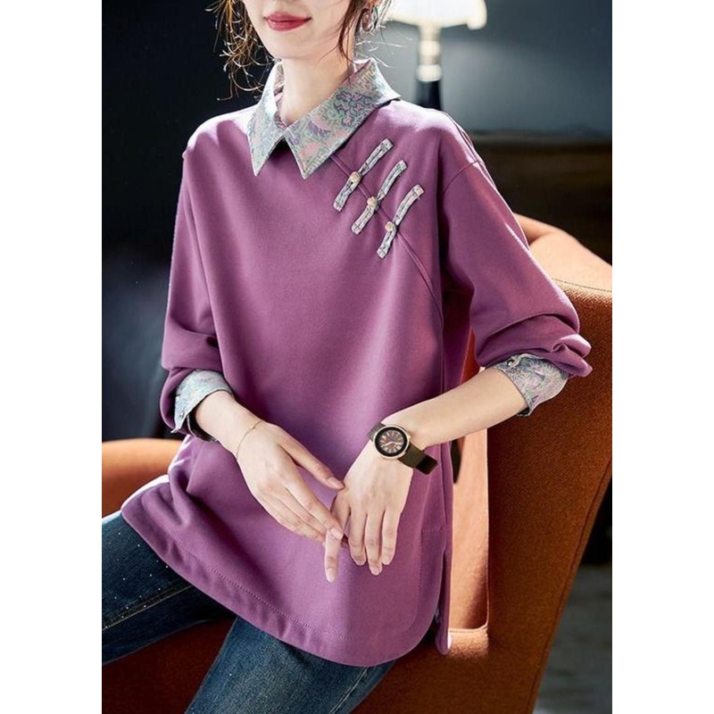 Women Purple Peter Pan Collar Patchwork Cotton Sweatshirts Spring