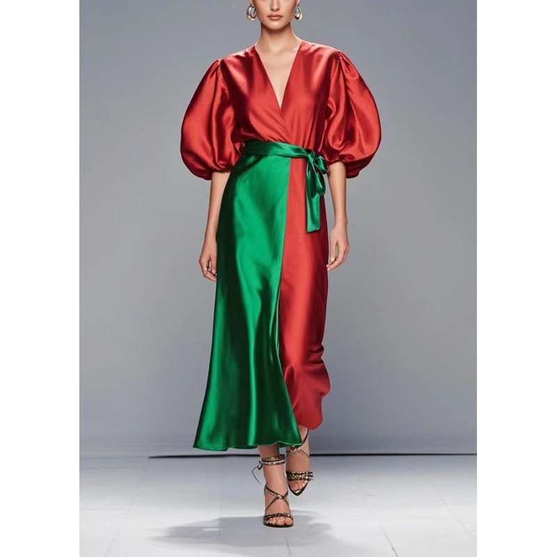 Women Red Puff Sleeve Patchwork Silk Robe Dresses