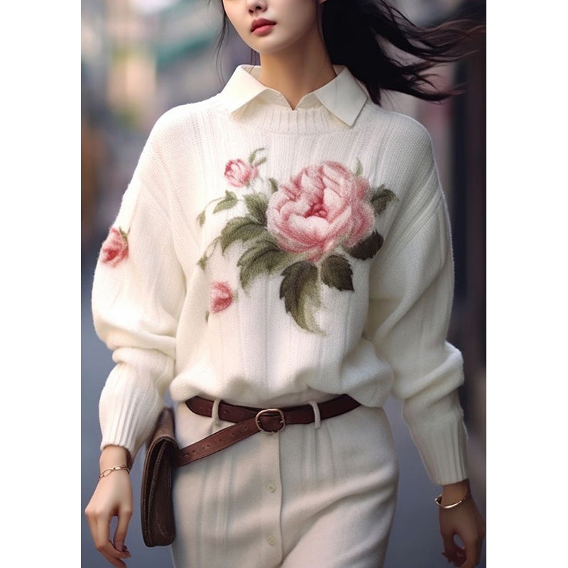 Women White O Neck Print Cozy Knit Sweaters Fall