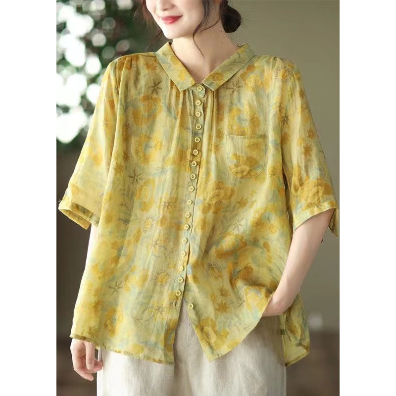 Women Yellow Peter Pan Collar Print Linen Shirt Tops Summer