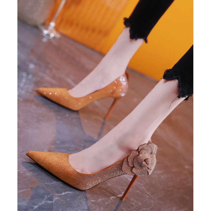 Yellow Zircon Floral Splicing Stiletto High Heels Pointed Toe