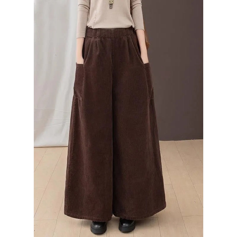 2024 New Brown Pockets Corduroy Warm Fleece Wide Leg Pants Winter