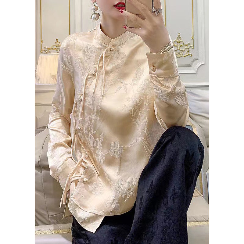 Apricot Button Silk Blouse Stand Collar Long Sleeve