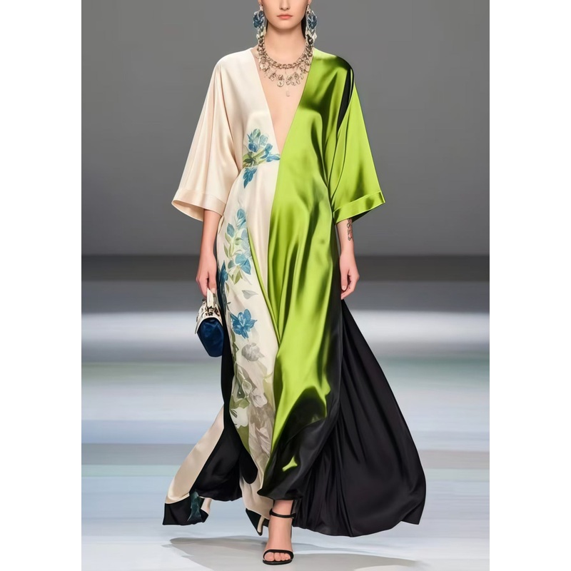 Art Deep-V Neck Patchwork Exra Large Hem Silk Long Dress Bracelet Sleeve