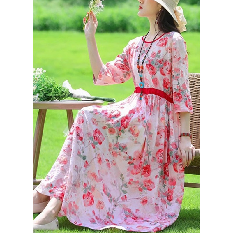 Art Red O Neck Print Lace Up Linen Dress Summer