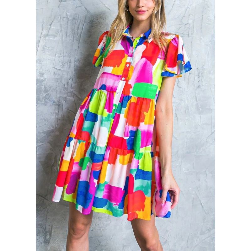 Art Red Peter Pan Collar Button Cotton Shirts Dress Summer