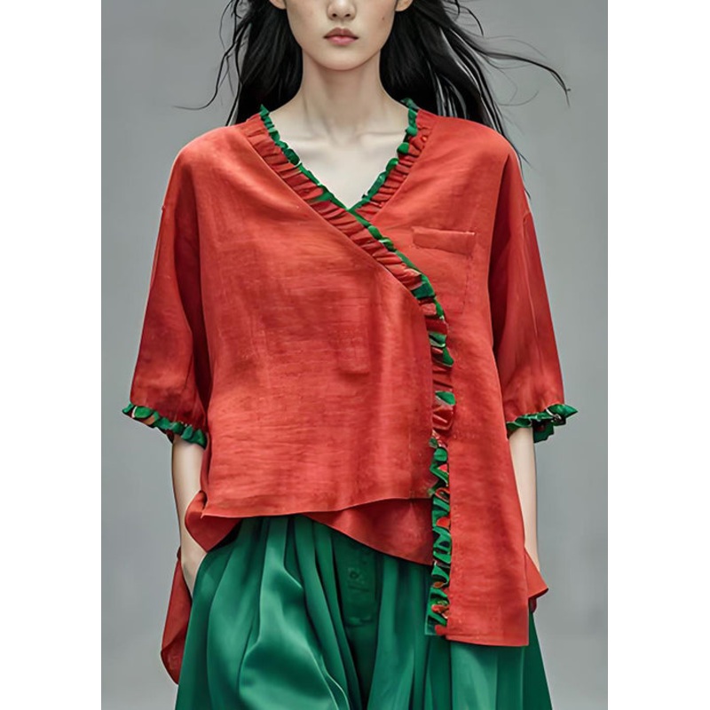 Art Red Ruffled Asymmetrical Patchwork Cotton Blouses Summer