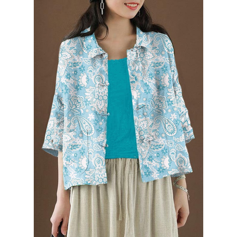 Beautiful blue cashew nuts Peter Pan Collar Pockets Summer Linen top