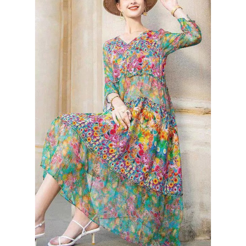 Beautiful Colorblock V Neck Print Patchwork Chiffon Dresses Bracelet Sleeve