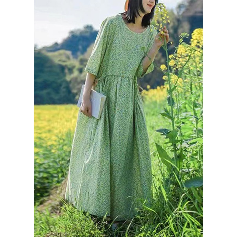Beautiful Green O Neck Print Lace Up Cotton Dresses Half Sleeve