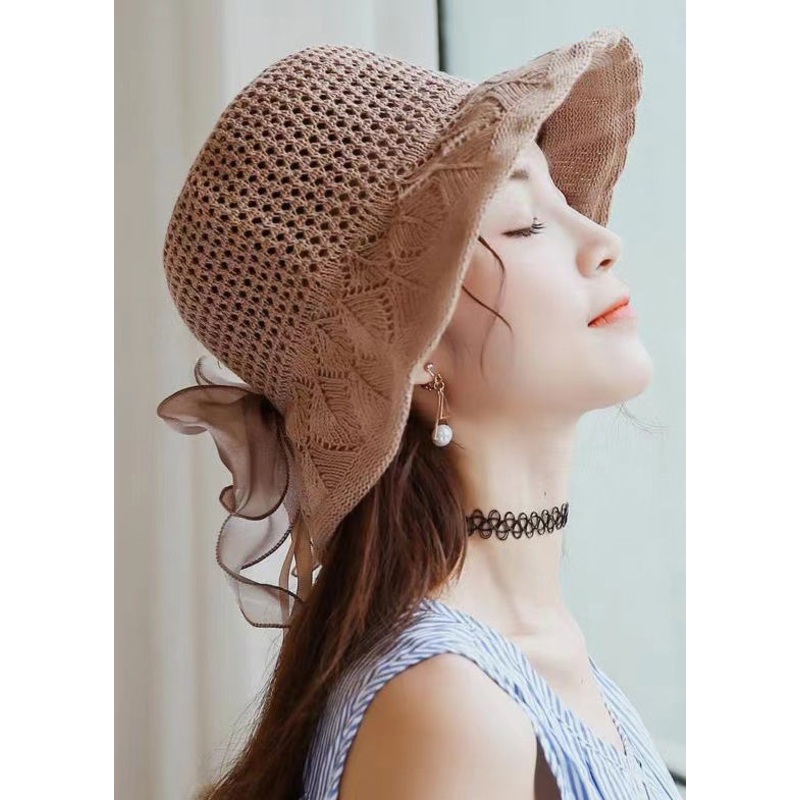 Beautiful Khaki Hollow Out Bow Cotton Knit Bucket Hat