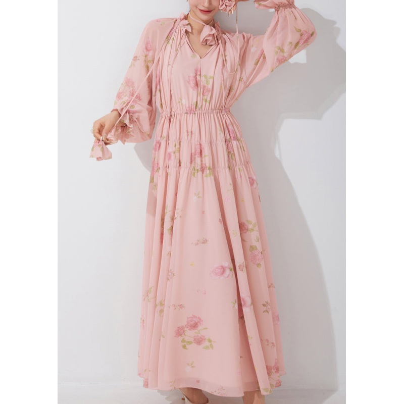 Beautiful Pink Ruffled Print Lace Up Chiffon Dress Fall