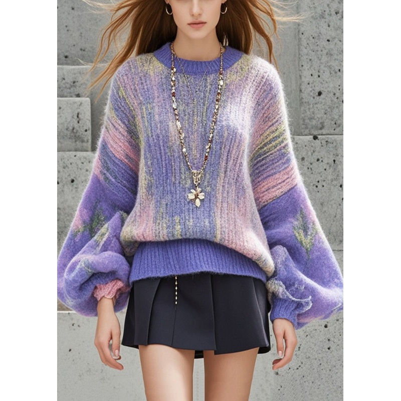 Beautiful Purple Oversized Print Thick Short Sweater Lantern Sleeve