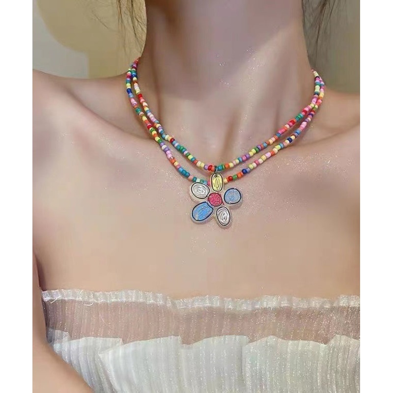 Beautiful Rainbow Floral Alloy Floral Double Layer Beading Pendant Necklace