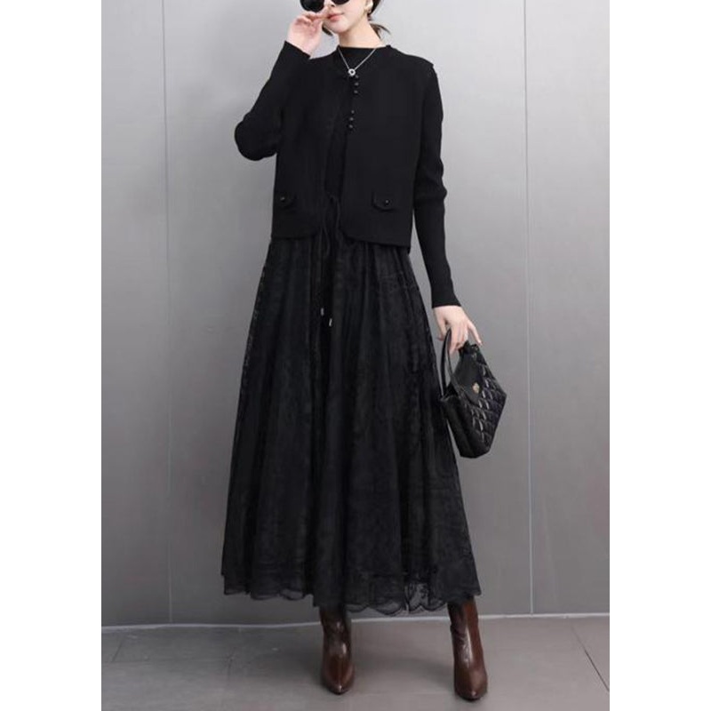 Black Button Waistcoat And A Line Skirts Lace Two Pieces Set Spring