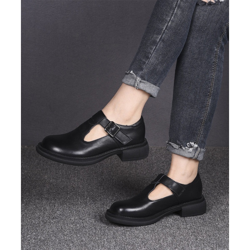 Black Cowhide Leather Women Simple Splicing Buckle Strap Flats