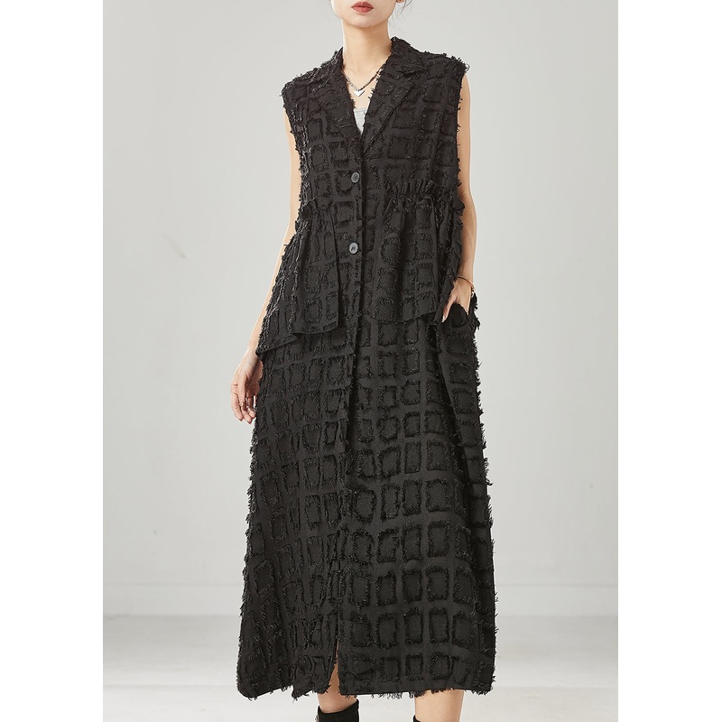 Black Loose Cotton Long Vests Tasseled Spring