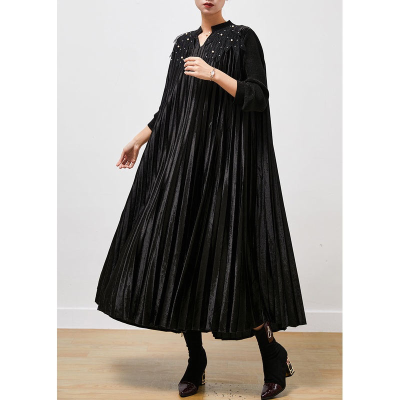 Black Silk Velour Holiday Pleated Dresses Oversized Nail Bead Spring