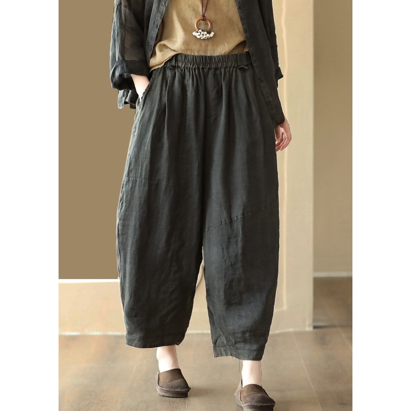Black Solid Cozy Linen Wide Leg Pants Elastic Waist Summer