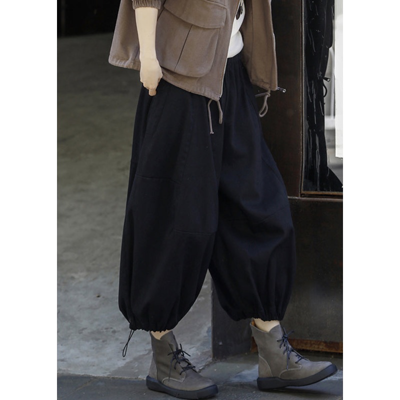 Black Solid Drawstring Cotton Lantern Pants High Waist