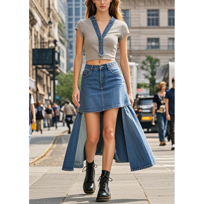 Blue Patchwork Denim Skirt Low High Design Summer