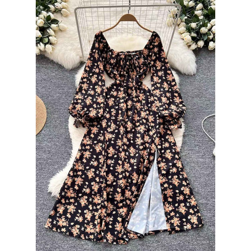 Bohemian Black Square Collar Print Side Open Cotton Dress Fall