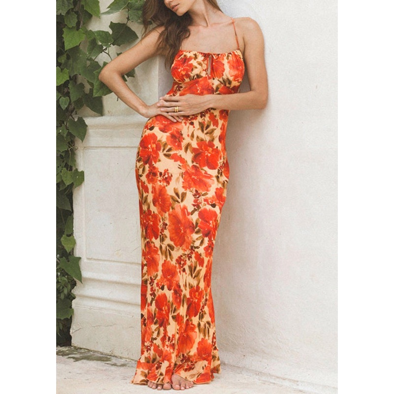 Bohemian Print Backless Lace Up Cotton Spaghetti Strap Dress Sleeveless