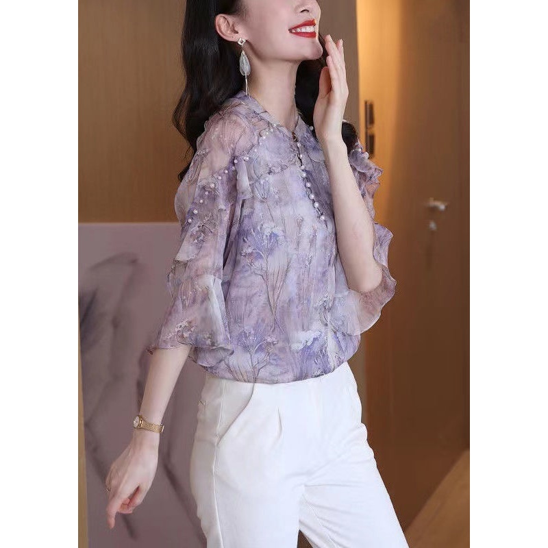 Bohemian Purple Ruffled Print Nail Bead Chiffon Shirt Top Spring