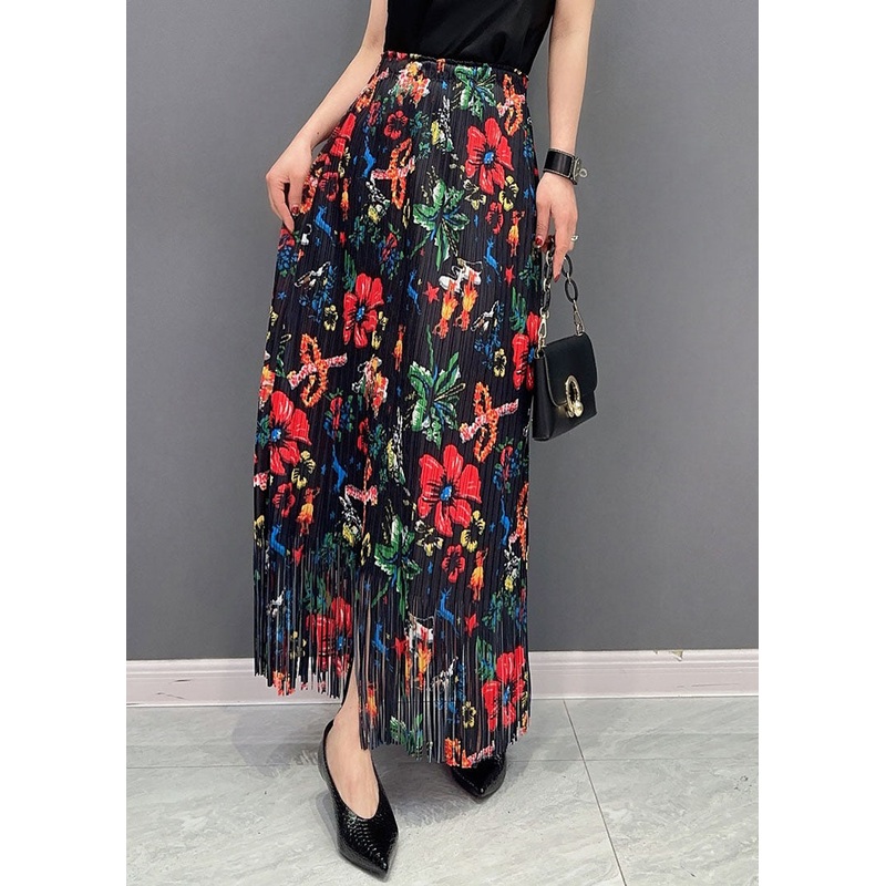 Boho Black Wrinkled Tasseled Floral Print Cotton Skirts Spring