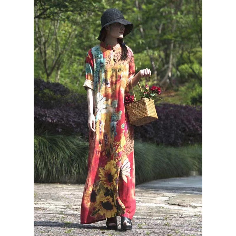 Boho Original Stand Collar Print Linen Long Dresses Spring