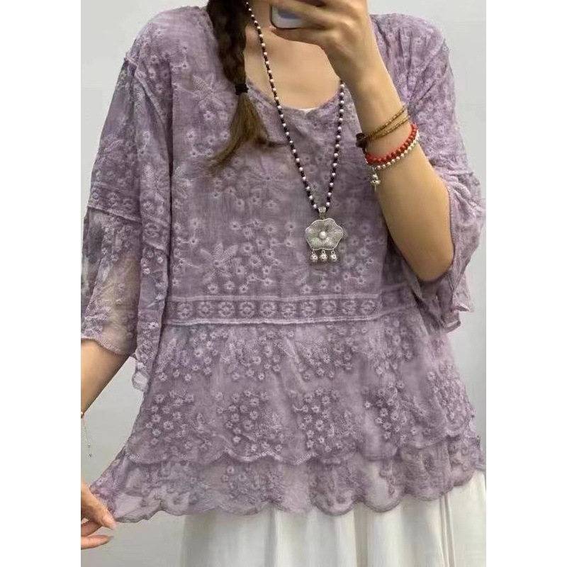 Boho Purple O Neck Embroideried Lace Blouses Bracelet Sleeve