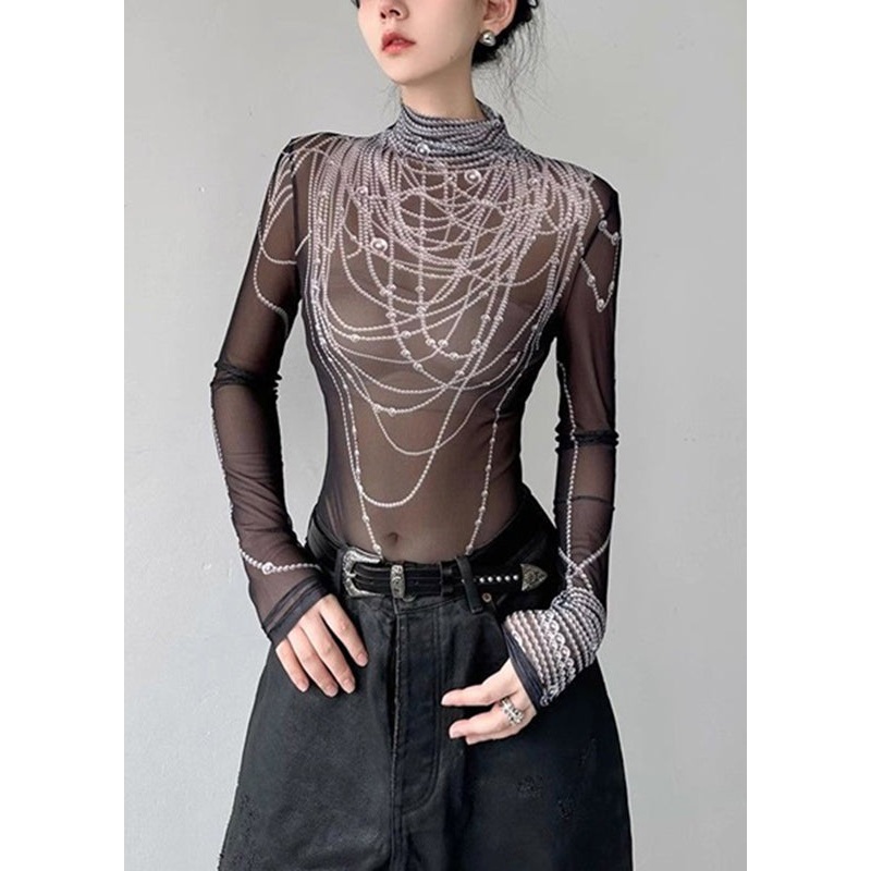 Boutique Black Turtleneck Pearl Print Tulle Top Spring