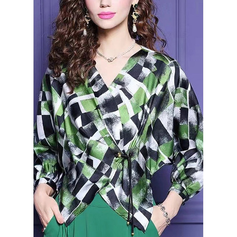Boutique Green Tasseled Print Asymmetrical Design Silk Shirt Top Summer