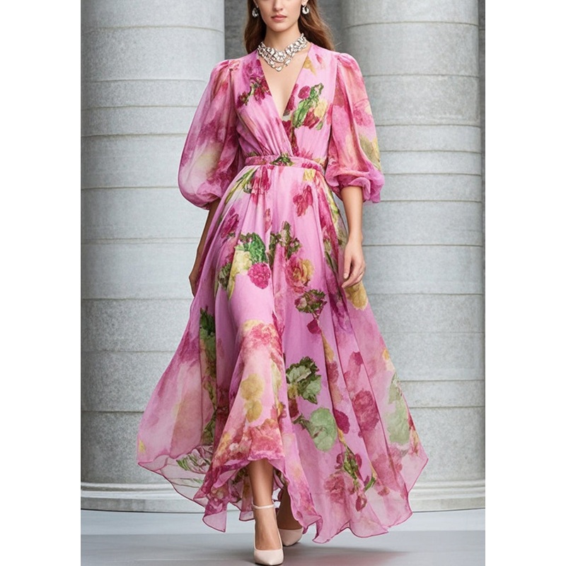 Boutique Rose Print Exra Large Hem Chiffon Maxi Dresses Fall