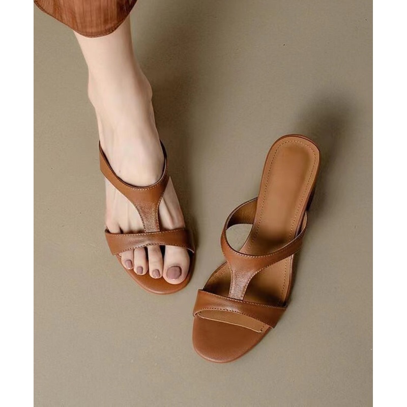 Brown Chunky Heel Cowhide Leather 2024 Hollow Out Slide Sandals