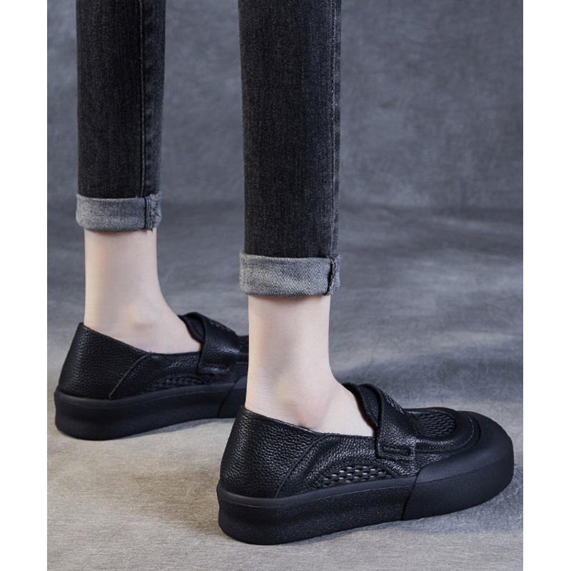 Casual Black Cowhide Leather Hollow Out Loafers Shoes For Women