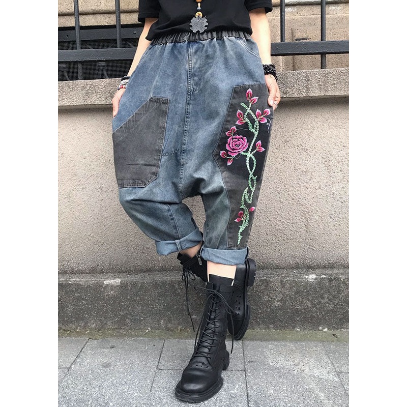 Casual Blue Embroidered Elastic Waist Denim Pants Summer