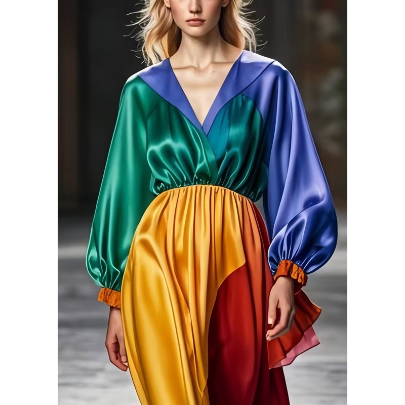 Casual Colorblock V Neck Patchwork Silk Long Dress Spring
