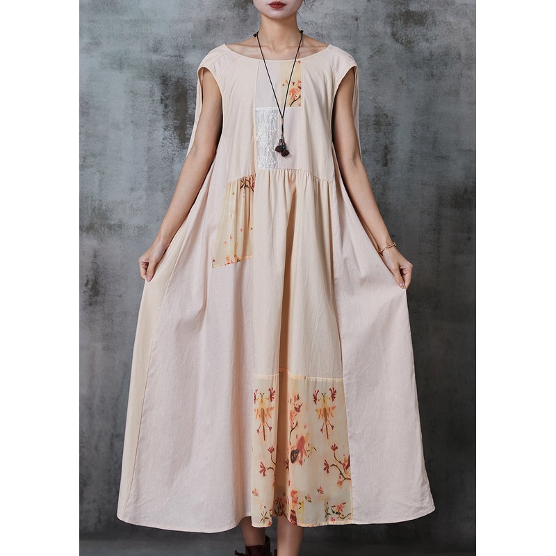 Casual Khaki Oversized Patchwork Cotton Dress Summer