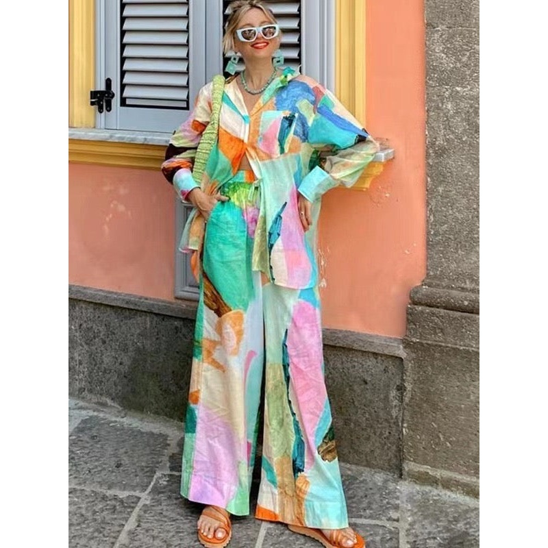 Casual Printed Shirt Collar Loose Two Piece Sets  Long Sleeve