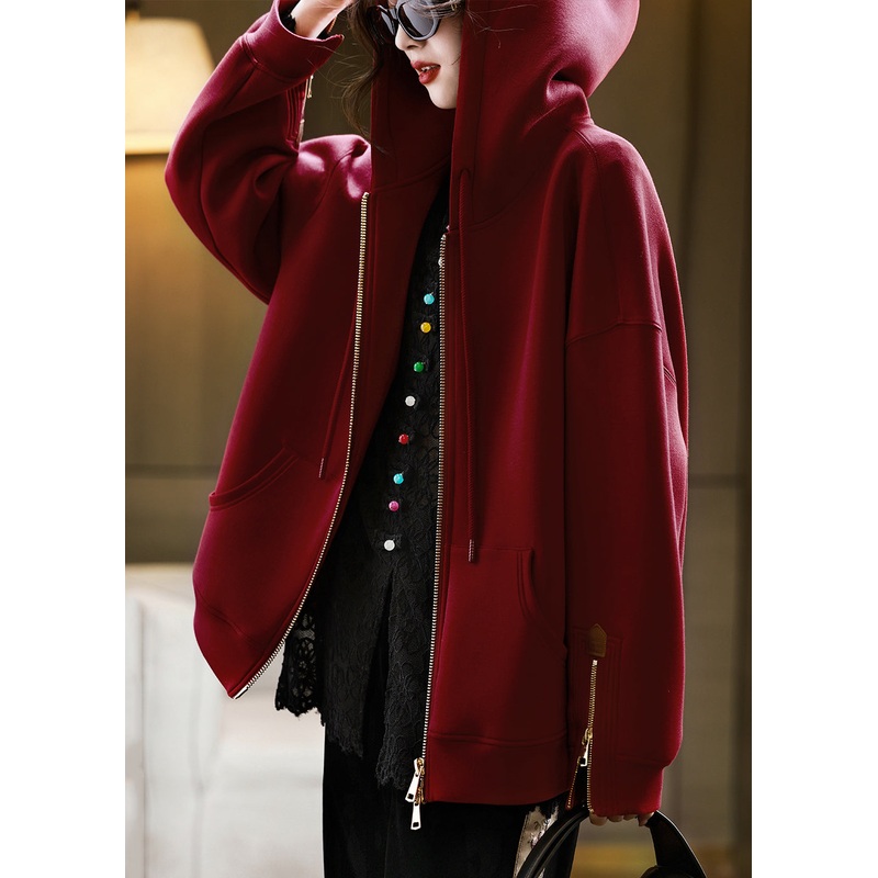 Casual Red Hooded Pockets Zippered Cotton Coats Fall