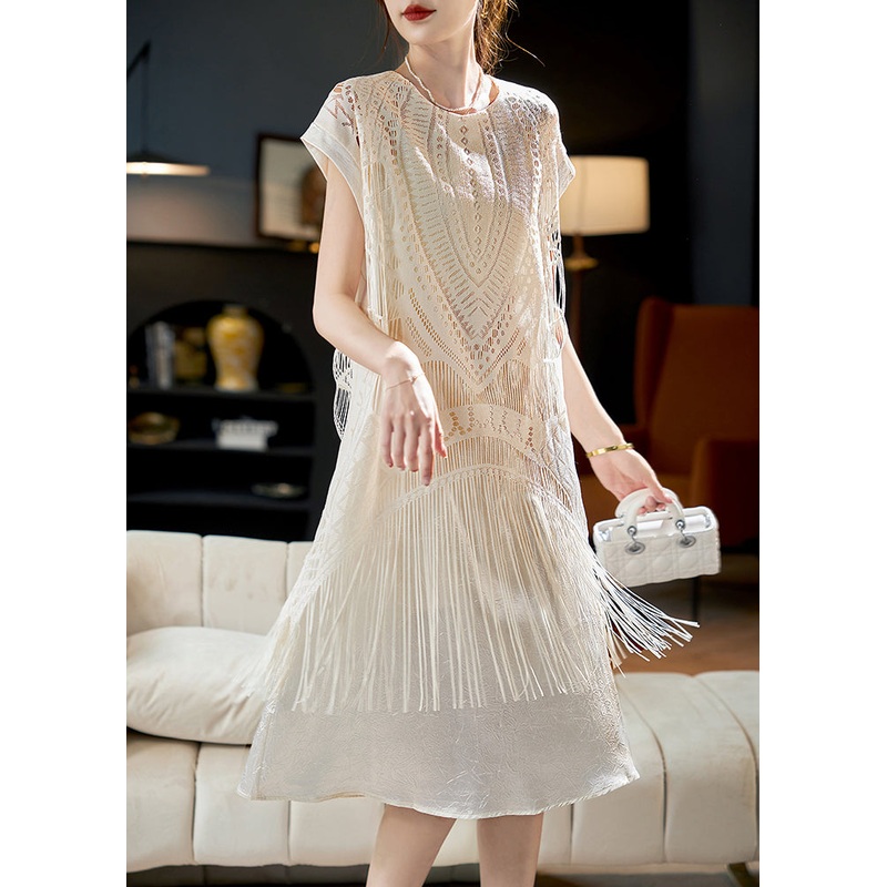 Chic Beige Tasseled False Two Pieces Patchwork Chiffon Dress Summer