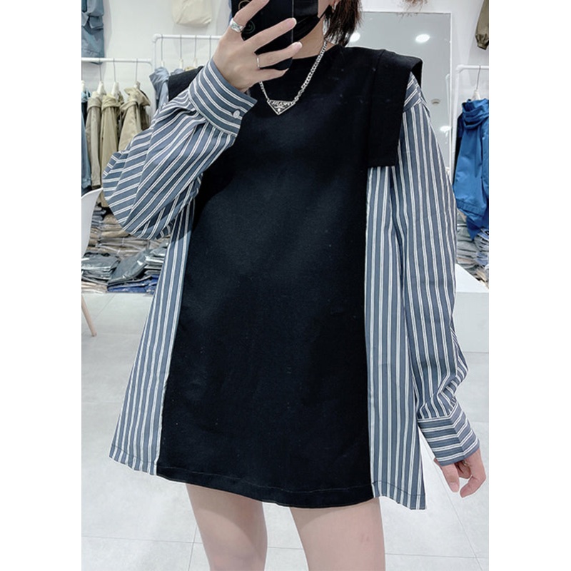 Chic Black O-Neck Striped Patchwork Sweatshirts Spring