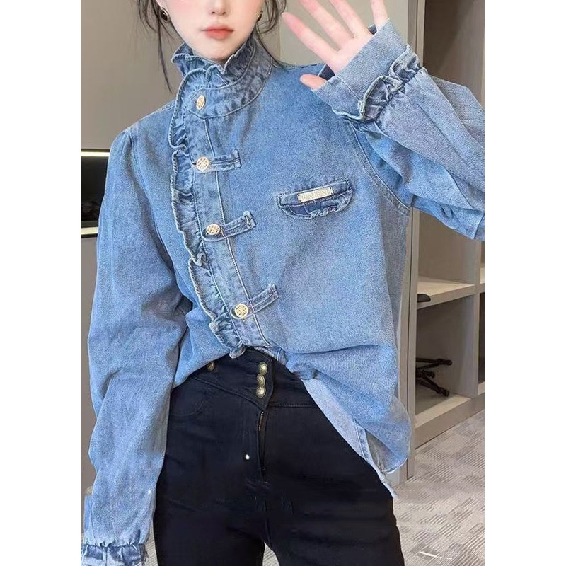 Chic Blue Ruffled Button Patchwork Cotton Shirt Top Fall
