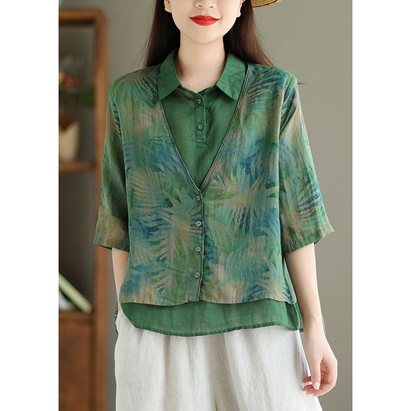 Chic Green Print False Two Pieces Linen Shirt Half Sleeve