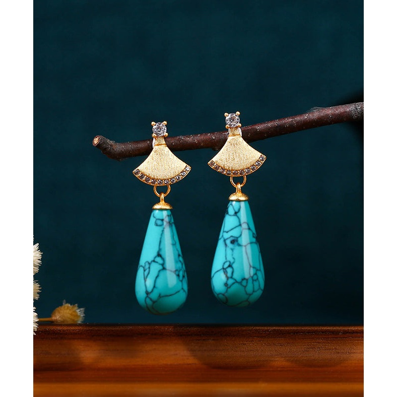 Chic Light Green Copper Overgild Zircon Turquoise Water Drop Drop Earrings